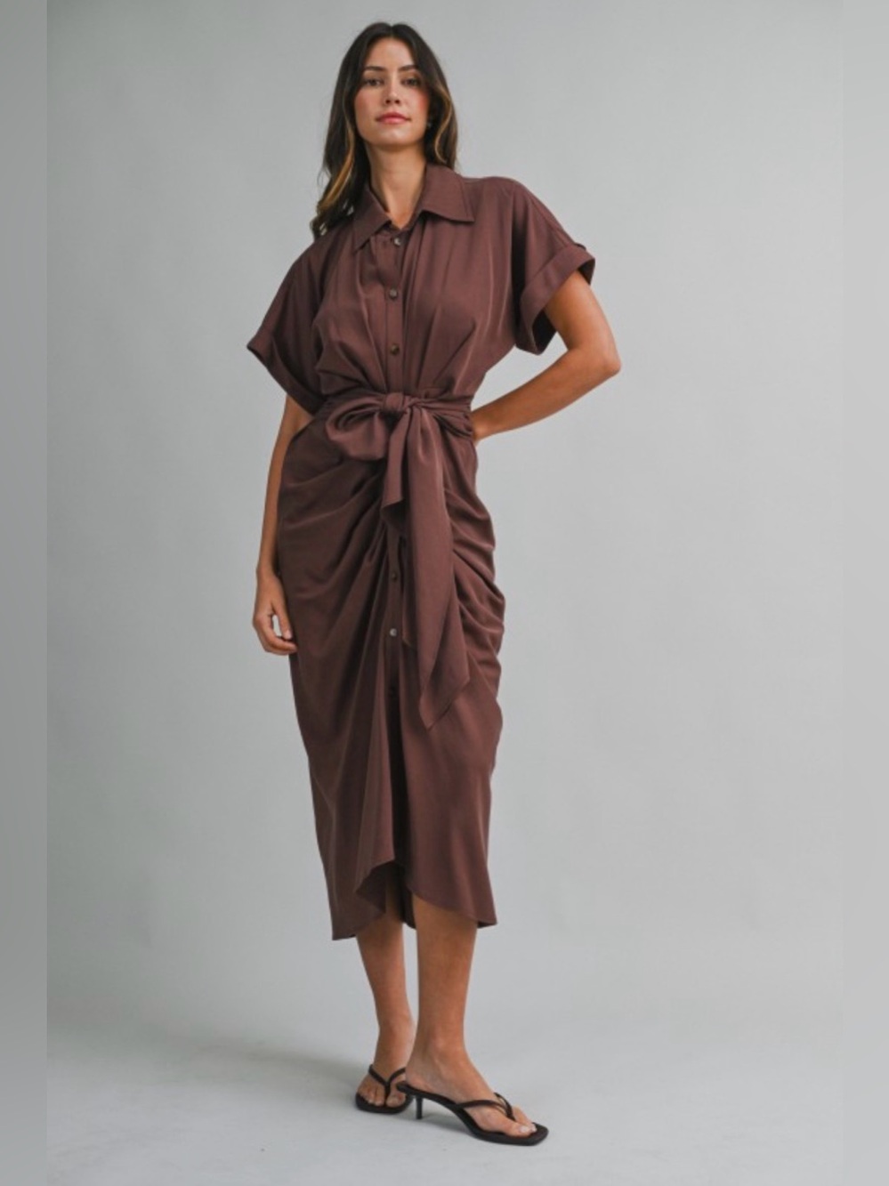 A706. Mable Tie-Waist Shirt Dress in Chocolate Brown - Picture 4 of 7